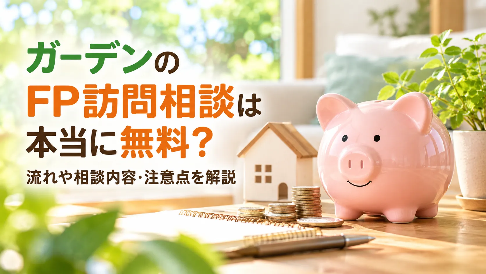 ガーデンのFP訪問相談が本当に無料なのかを解説する、貯金箱と硬貨、家の模型を配置したアイキャッチ画像。