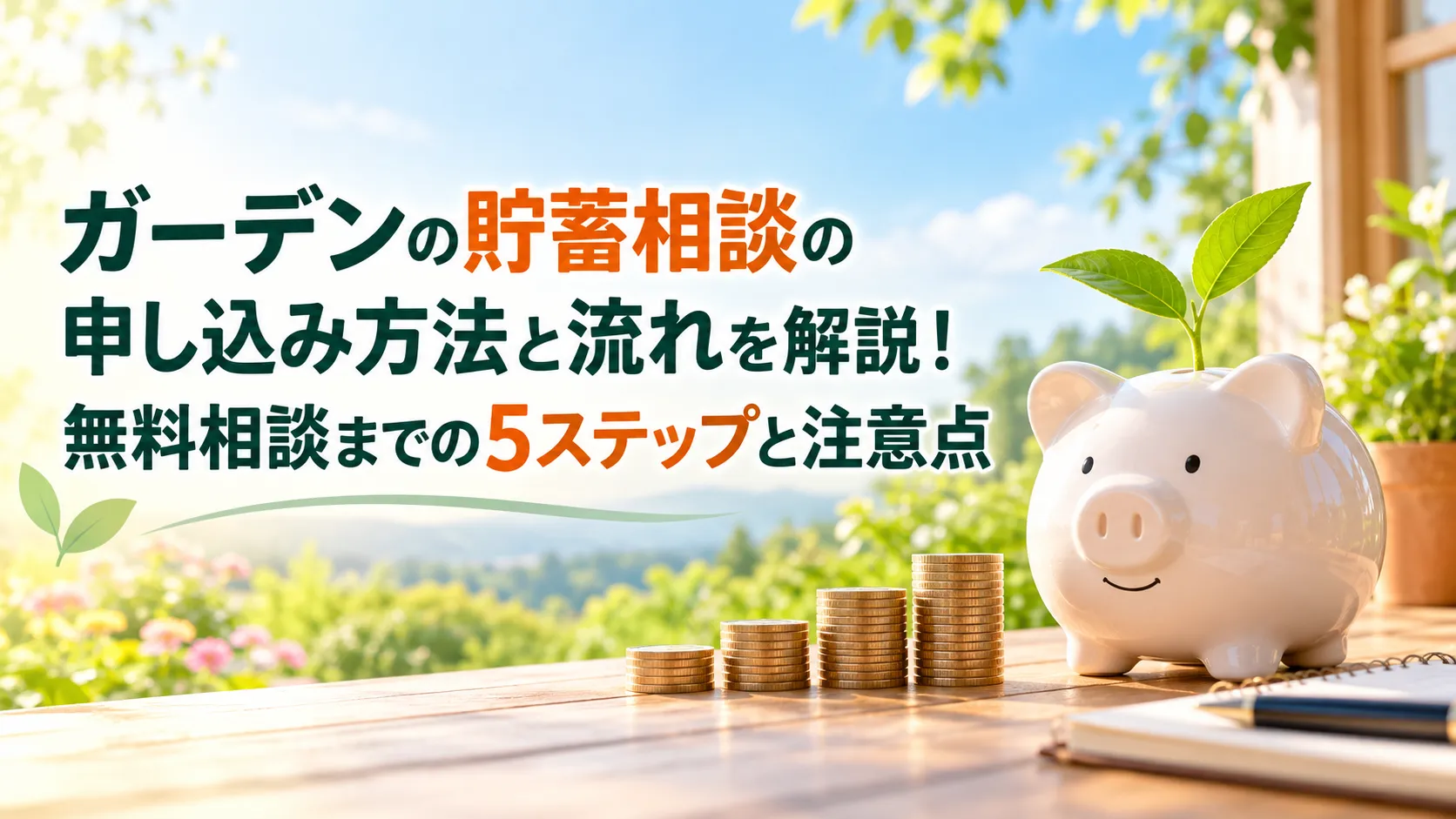 緑豊かな庭を背景に、貯金箱と積み重なった硬貨でガーデンの貯蓄相談の申し込み方法と5ステップを表現したアイキャッチ画像。